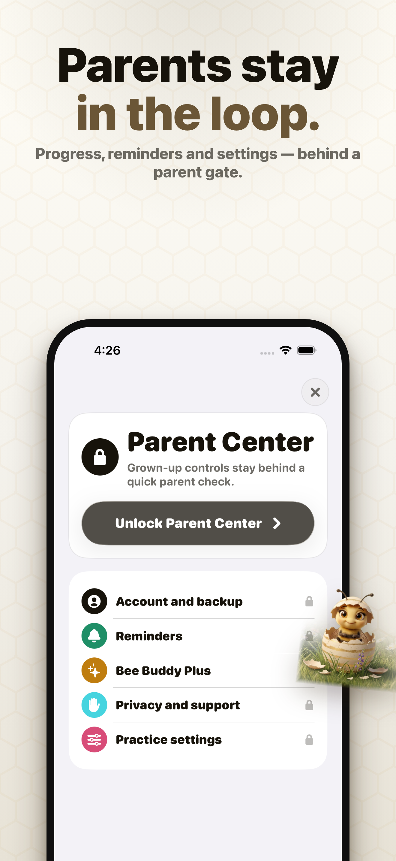 Bee Buddy parent insights screen showing a child's spelling progress