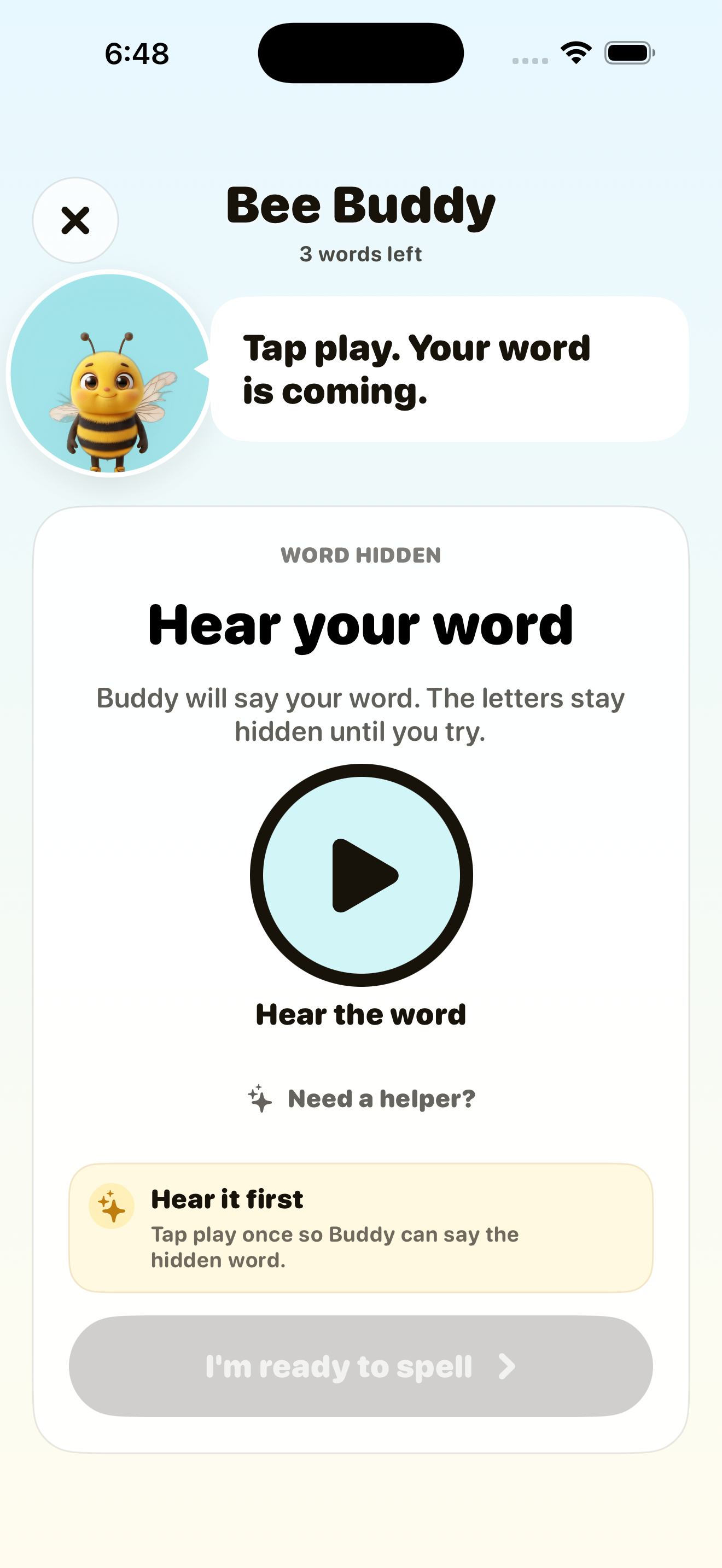 Bee Buddy listen screen — Buddy says the word