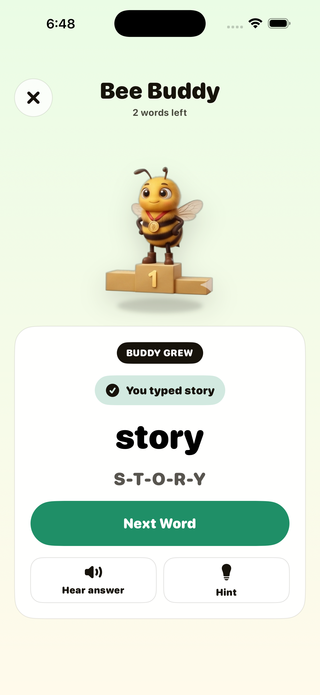 Bee Buddy result screen — tricky words become practice