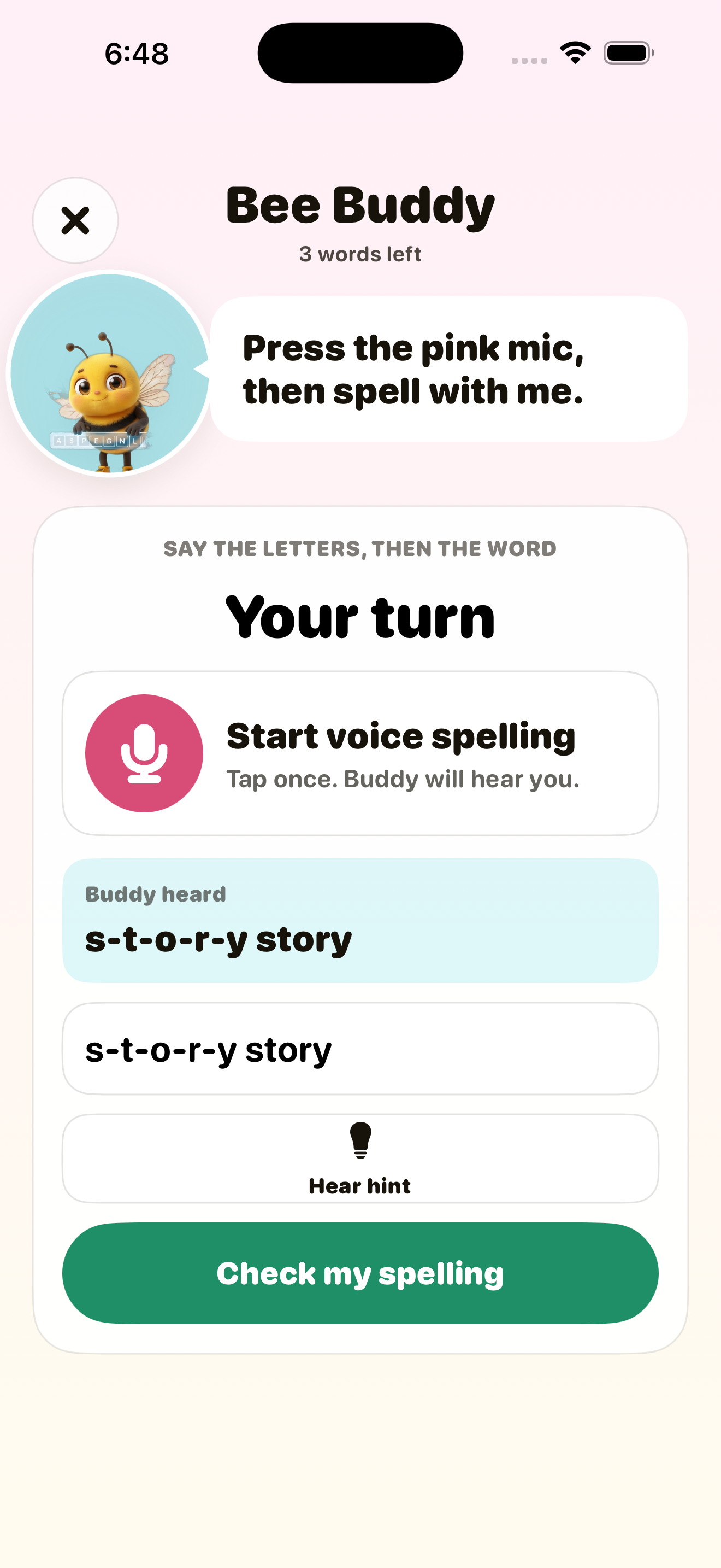 Bee Buddy speak screen — say the letters back