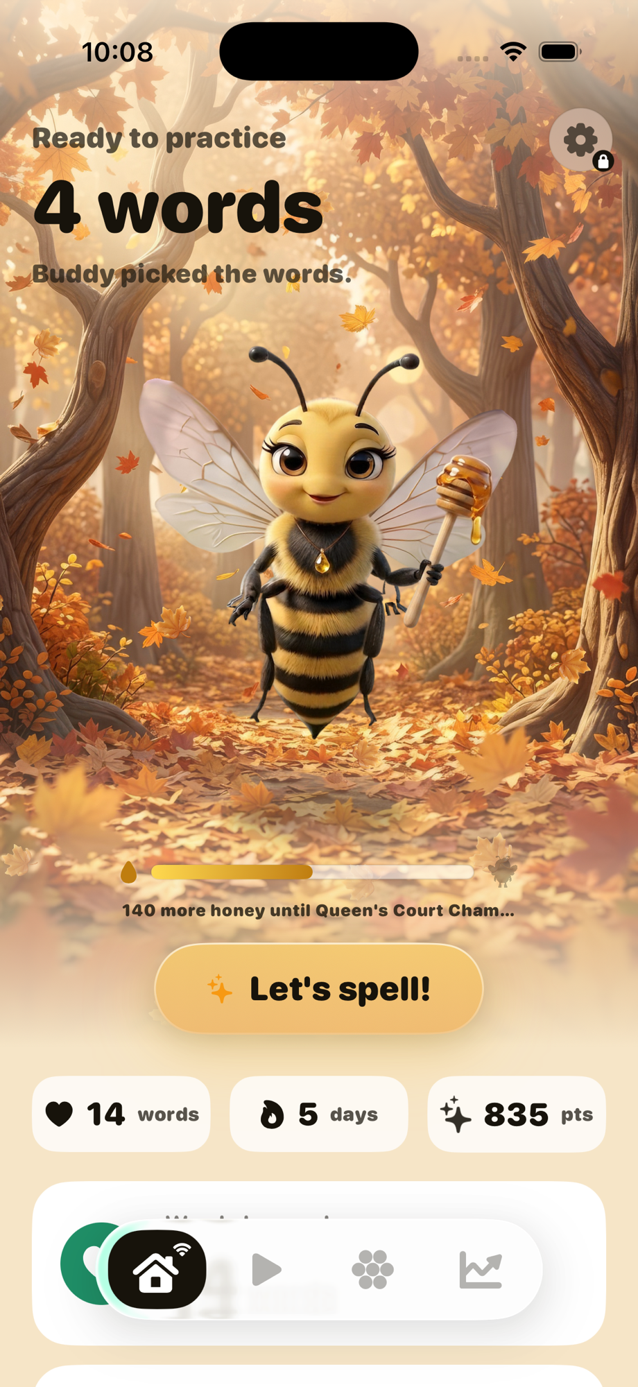 Bee Buddy home screen, Buddy the bee holding a honey dipper on an autumn forest path.