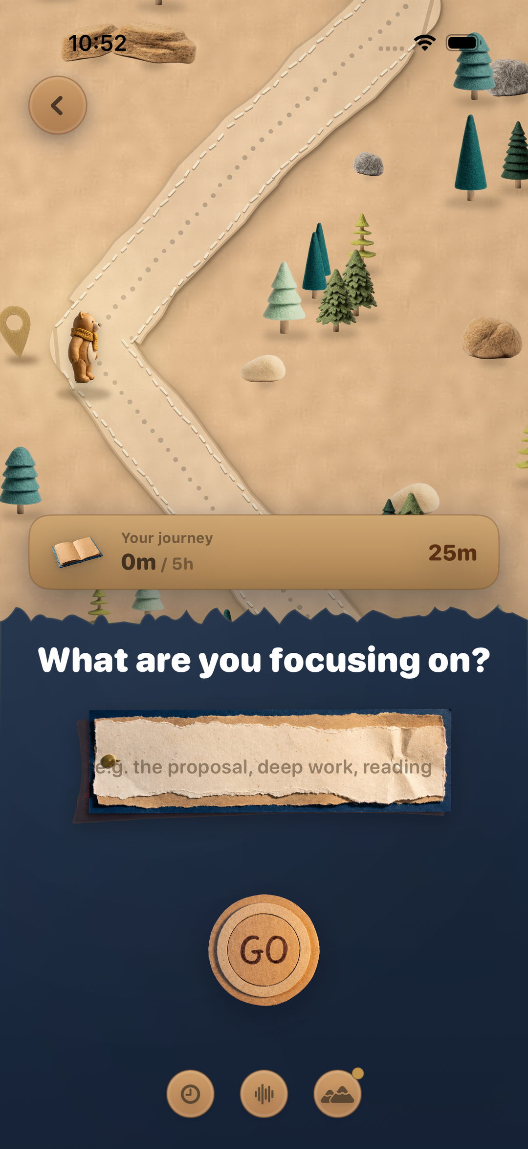 Bruno's Trail focus sheet: "What are you focusing on?" with a Go button over the felt trail map.