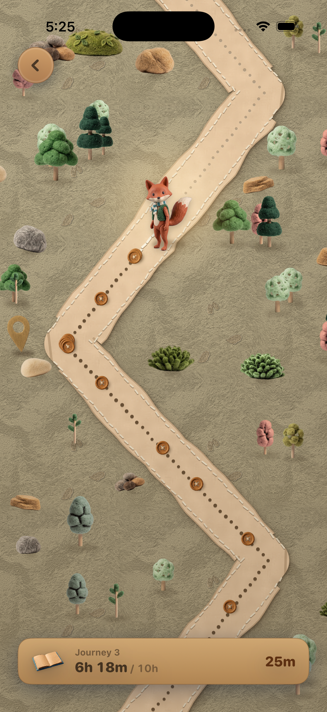 Bruno's Trail journey map in autumn, a felt-and-paper trail with a traveller walking past turning leaves.
