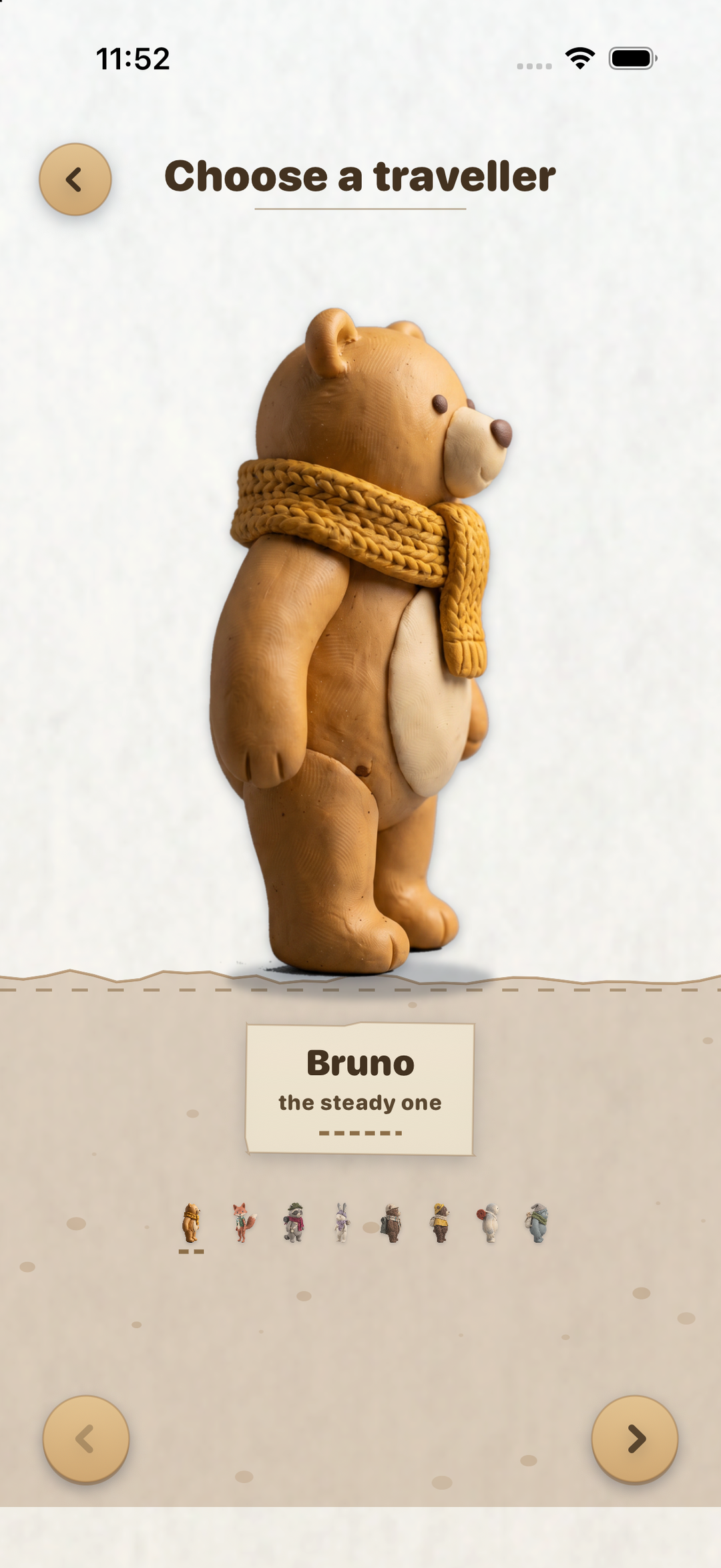 Bruno's Trail companion picker: "Choose a traveller," showing Bruno the bear and a row of other travellers.