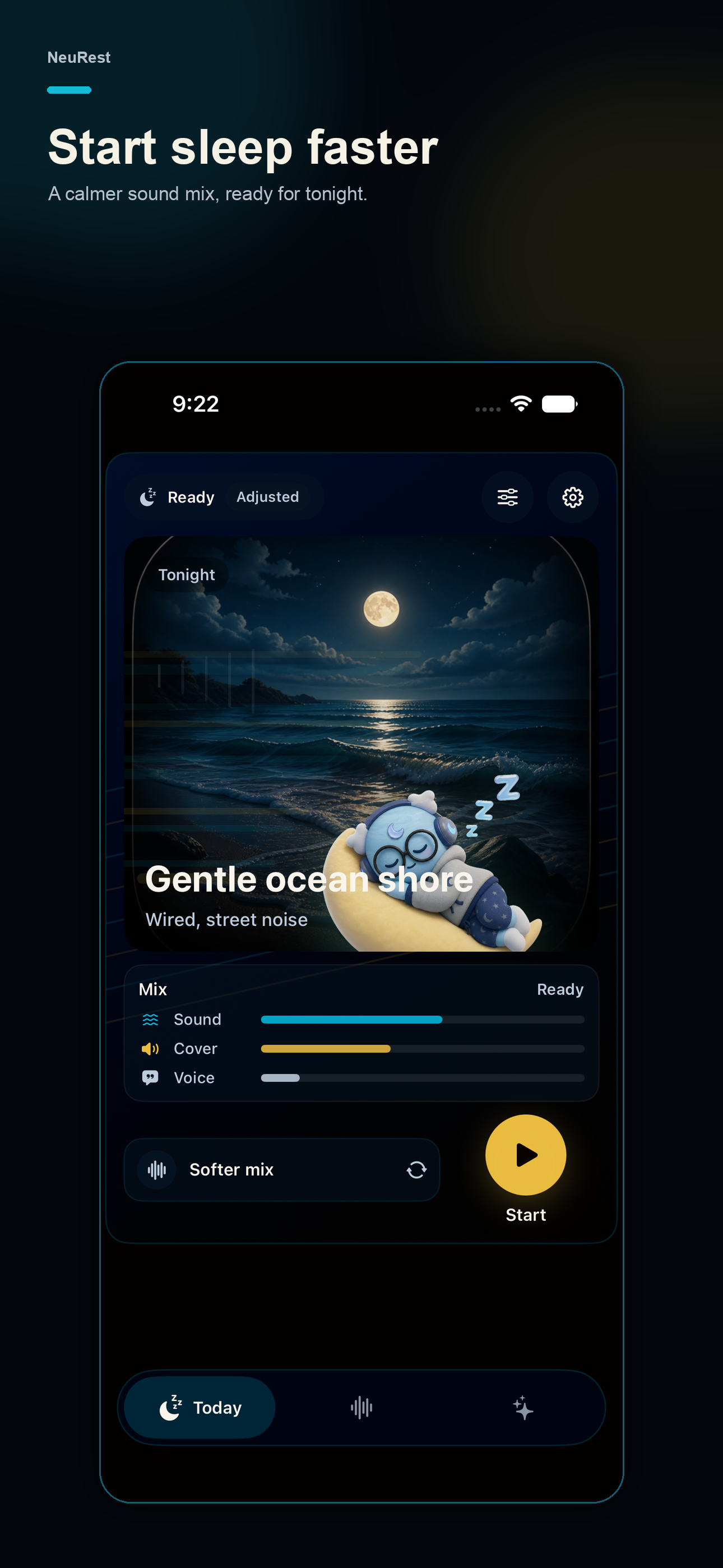 NeuRest today screen with an ocean shore soundscape playing.