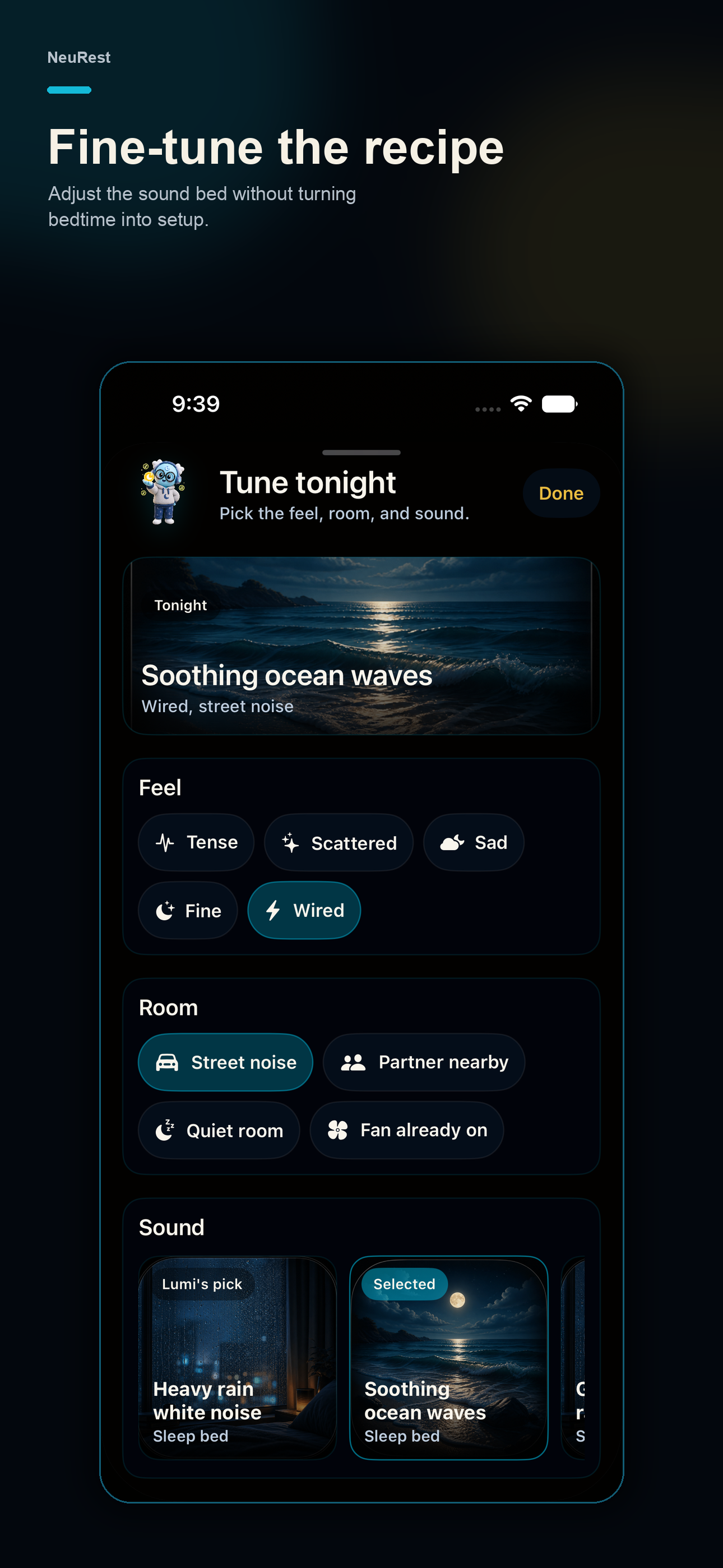 NeuRest tune screen with Sound, Cover, and Voice sliders.