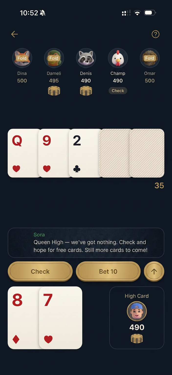 Pocket Holdem game screen with coach Sora reading back the hand.