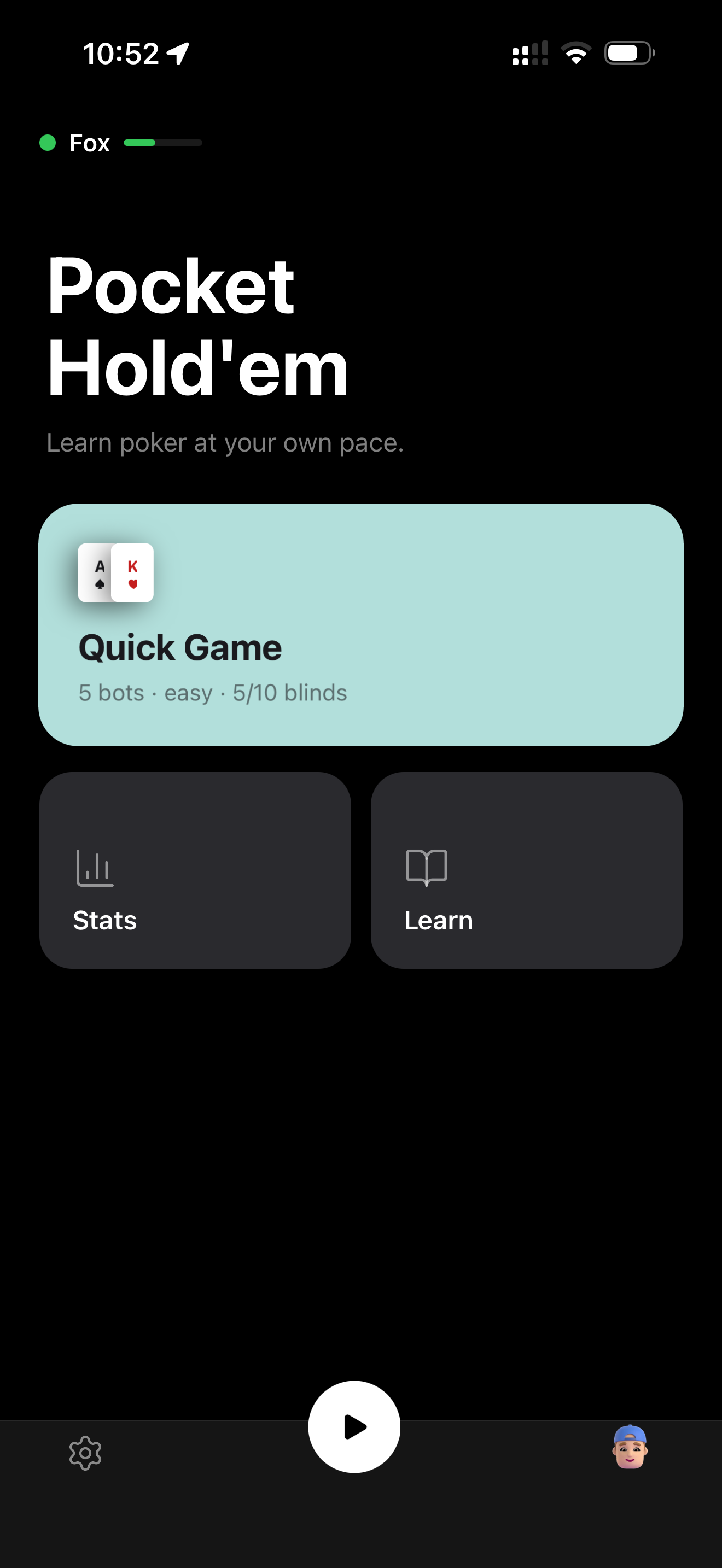 Pocket Holdem home screen with Quick Game, Stats, and Learn.